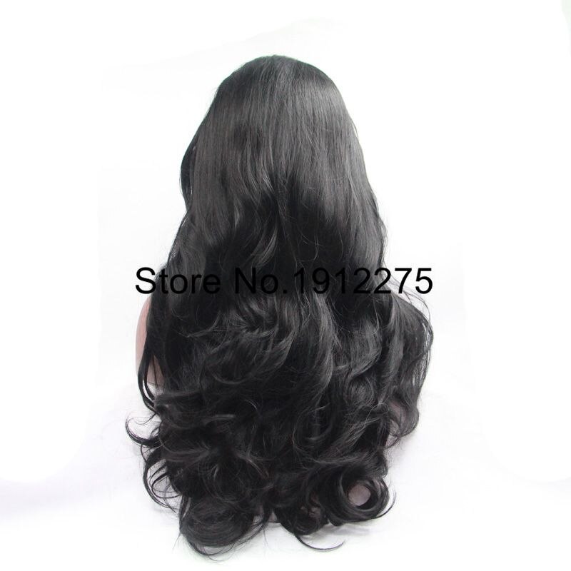 Emily-Peluca de cabello sintético para mujeres negras, pelo largo negro con flequillo lateral, malla frontal, resistente al calor, atado a media mano, 1B