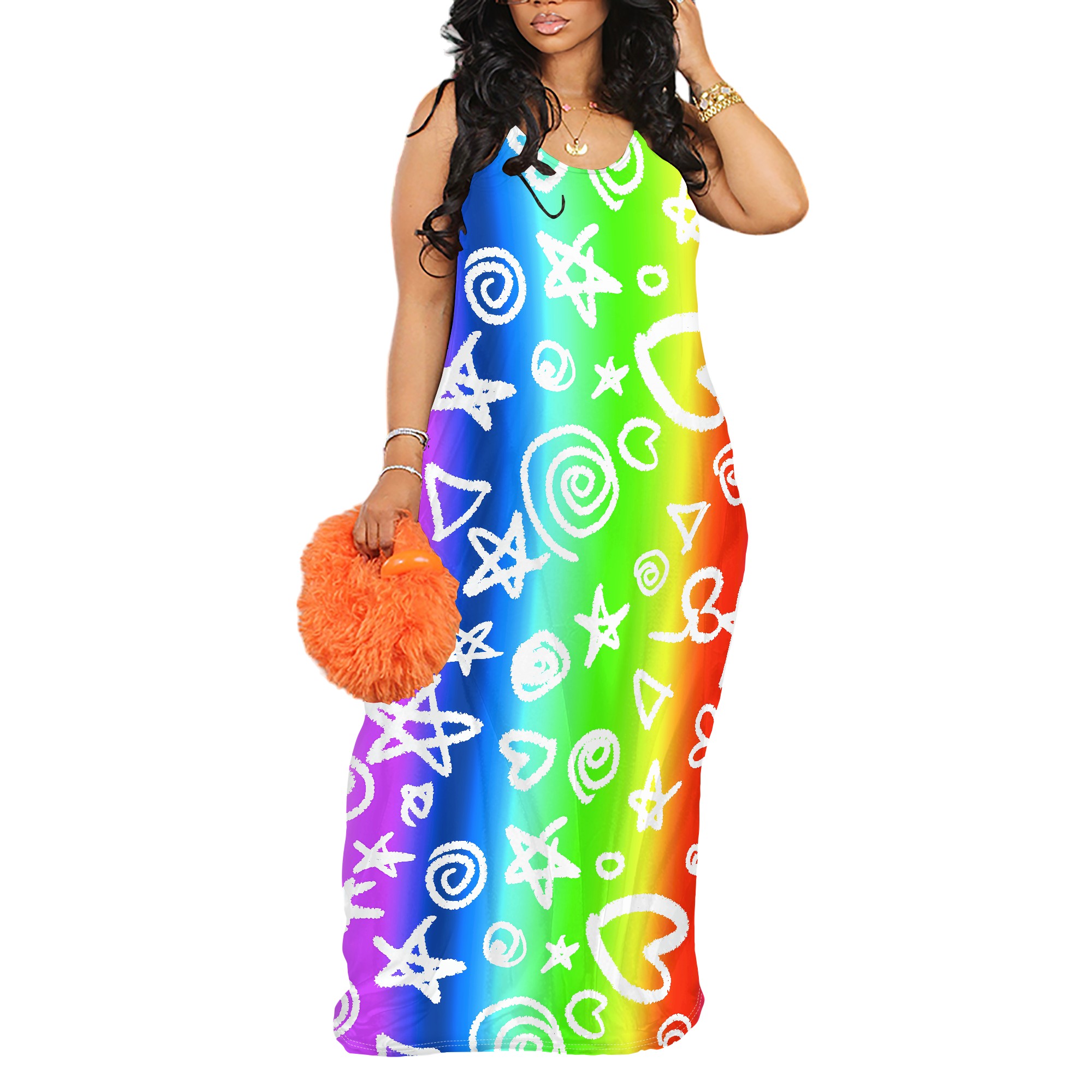 sexy Damen-Kleid mit tiefem V-Träger, bedruckt, langes Kleid, Freizeitkleid, Maxikleider für Damen, Sommer, mit Taschen: M / Grau