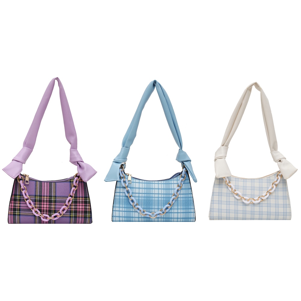 retro Plaid Frauen Handtasche Tote Krawatte Knoten Kette Dame PU Unterarm Schulter Tasche