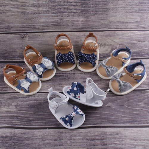 Pigesandaler sommersko lærred børn spædbørn småbørn baby pigesko blød sål sløjfe knude slip prewalkers sandaler
