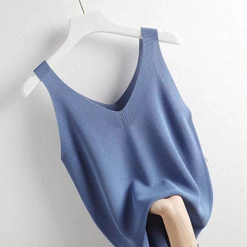 Plus Gebreide Tank Top V-Hals Ijs Zijde Mouwloze 2024 Zomer Kleding Vesten Voor Vrouwen Koreaanse Mode Losse Elegante Casual Cami Top