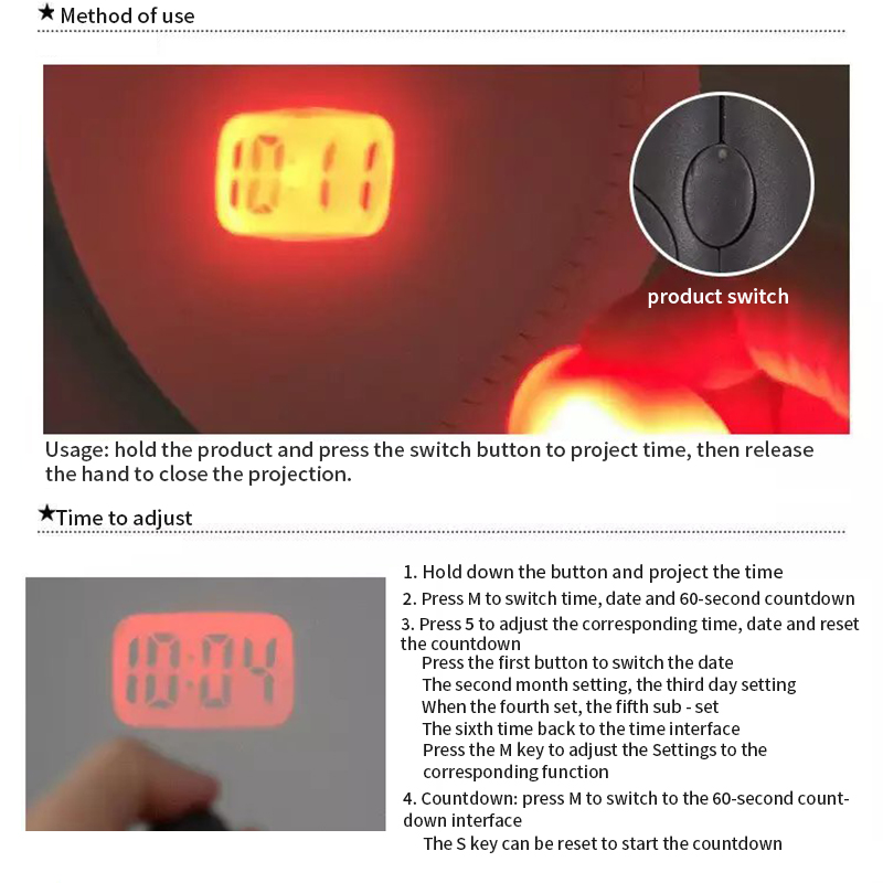 Mini Projection Clock Digital Time Clock LED Watch Projector Flashlight Hanging Rope Small Portable Clock High-intensity Light