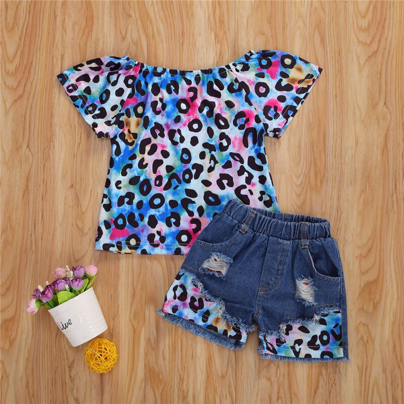 bébé été vêtements infantile enfants bébé fille cravate teinture léopard vêtements ensemble coloré chemise hauts déchiré trou Denim bas