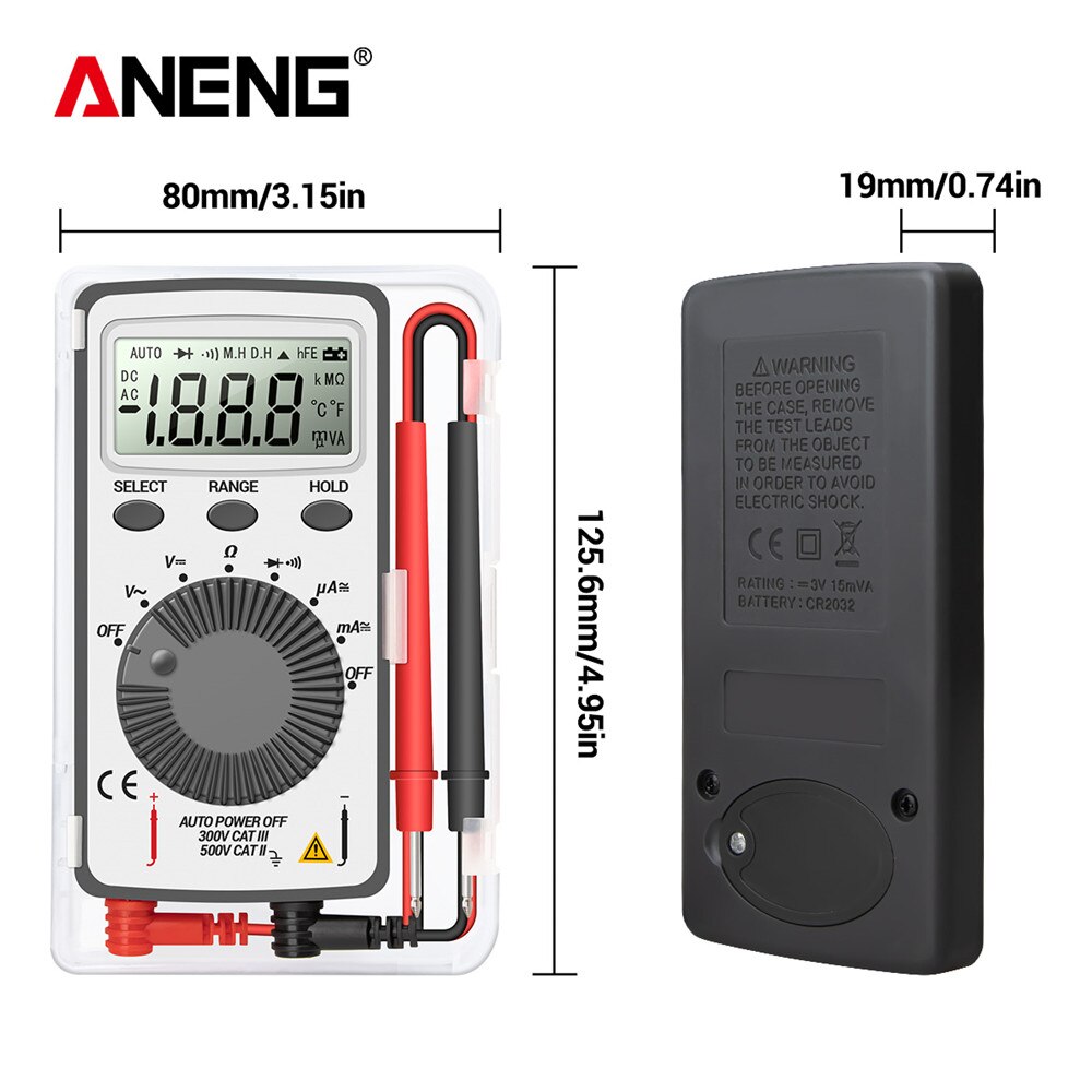 Aneng AN101 Mini Multimeter 1999 Counts Dc/Ac Spanning Stroom Automatische Meter Pocket Voltmeter Amperemeter Tester Met Meetsnoeren