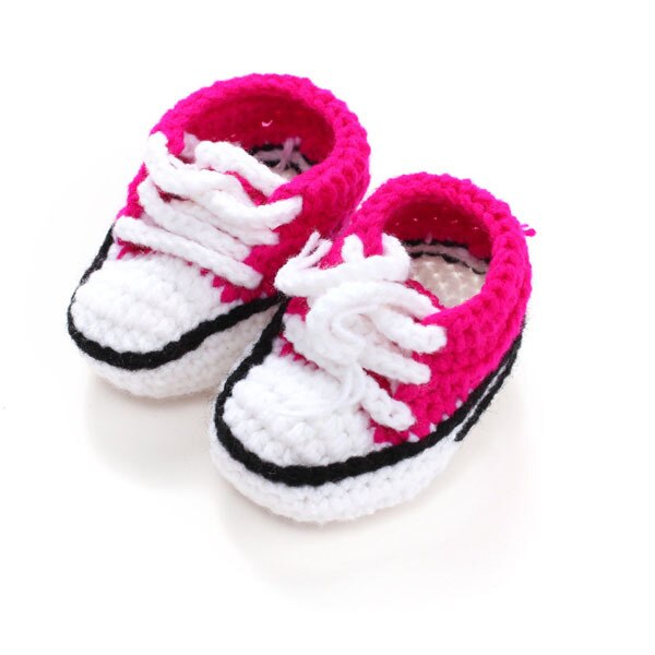 Multifarvet strikket baby krybbe sko håndlavet spædbarn hæklede støvletter snøre nyfødte sko 10cm: Fushia