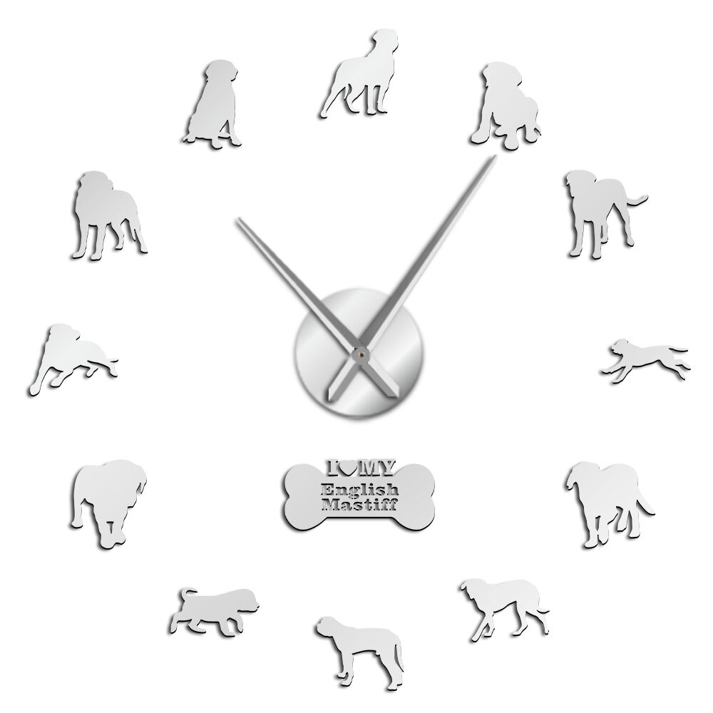 Mastiff inglés Original perro silencioso espejo de barrido superficie reloj DIY decorativo para marcador amante mascota propietario Oficina sala de estar: Silver / 12  inch