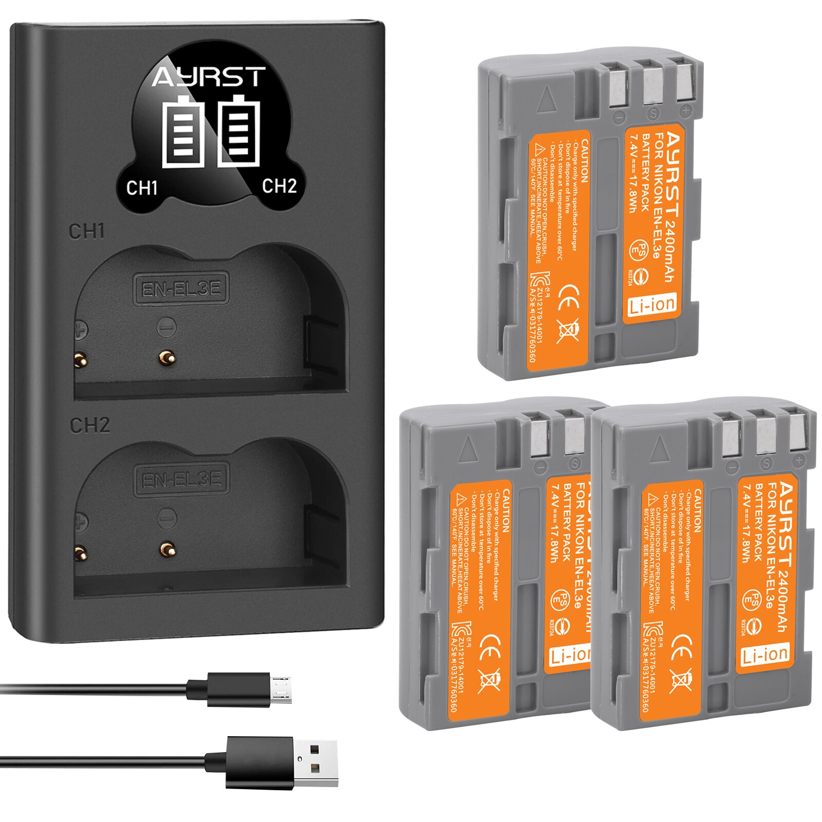 2Pcs 2400mAh EN-EL3e EN EL3e ENEL3e EL3E Batteries and Charger For Nikon D30 D50 D70 D70S D90 D80 D100 D200 D300 D300S Battery: 3batteryand1charger