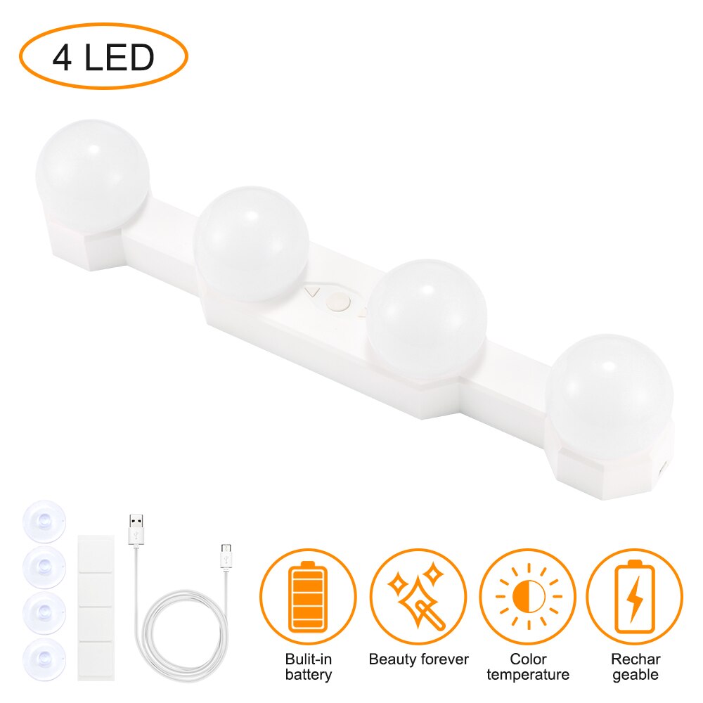 Bærbar spejl lys makeup lampe ledningsfri genopladelig lys med 4 led pærer justerbare