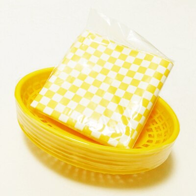 6pcs Plastic Fast Food Basket Red Checked 24pcs Wax Paper Baking Liner Hamburger Fries Baskets Kitchen Restaurant Tray: Yellow