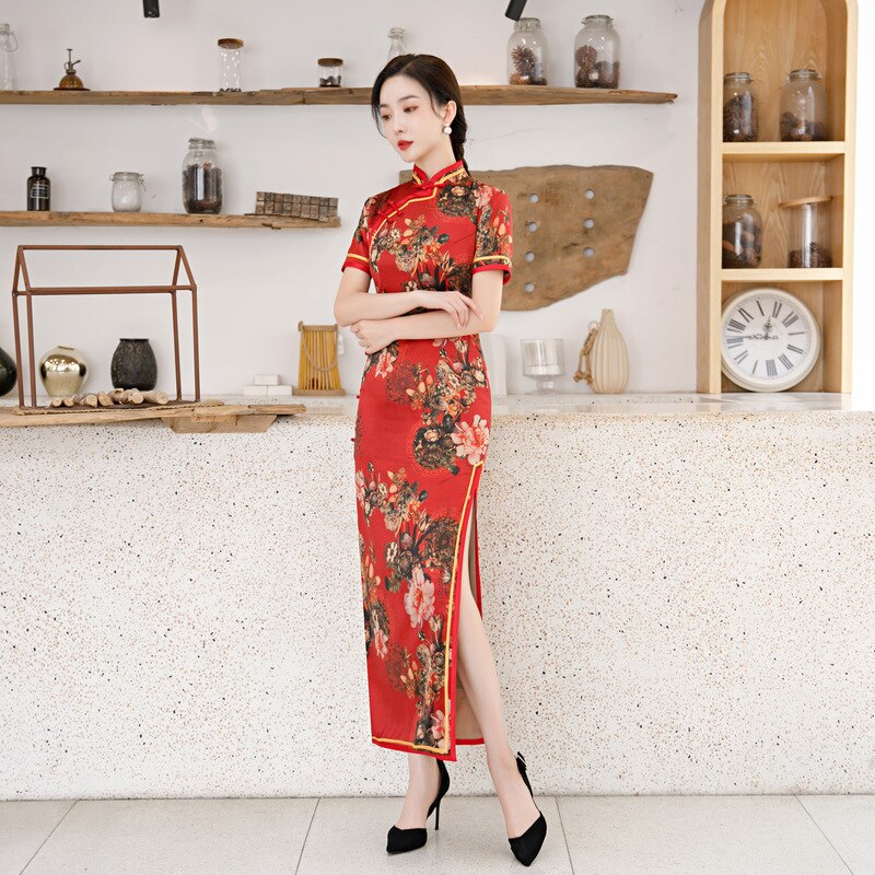 Chinese Qipao Mandarin Collar High-Split Red Cheongsam Short-Sleeve Vintage Stage Show Dress For Women Plus Size 3XL 4XL