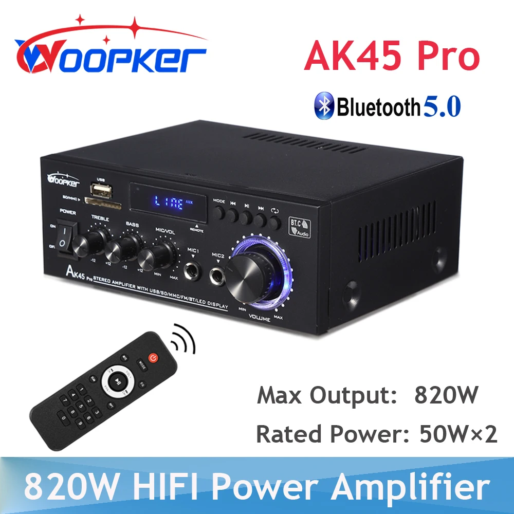 Woopker AK45 Pro 820W HiFi Digital Amplifier Channel 2.0 Bluetooth Audio AMP Bass Speaker Rated Power 50W×2 for Home Car Karaoke