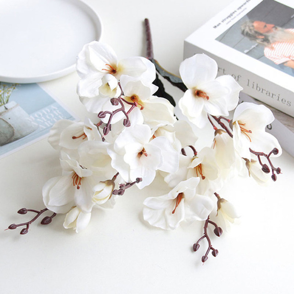 Ramo de flores artificiales de seda, plantas de simulación de Magnolia para decoración del hogar, sala de estar, propuesta de boda, 5 tenedores, 20 cabezas: White