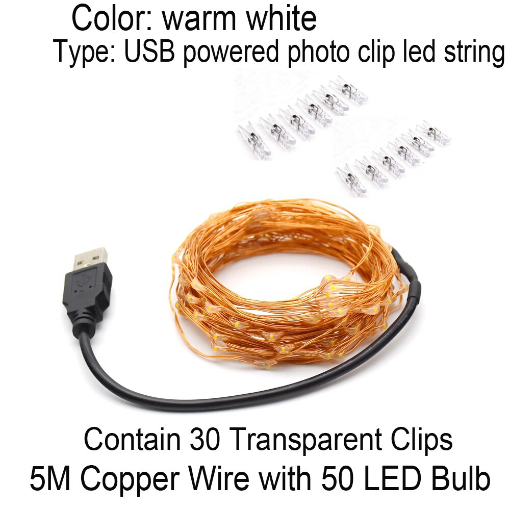 Guirnalda de luces LED con Clip para fotos, 50 luces LED de hadas, 50 Clips para colgar fotos, decoraciones de boda y pared de dormitorio: 5m USB - 30clips