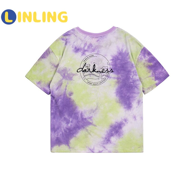 Linling bandhnu tie dye print kortærmet t-shirt til drenge piger afslappet tees streetwear hip hop børn børn tøj  v239