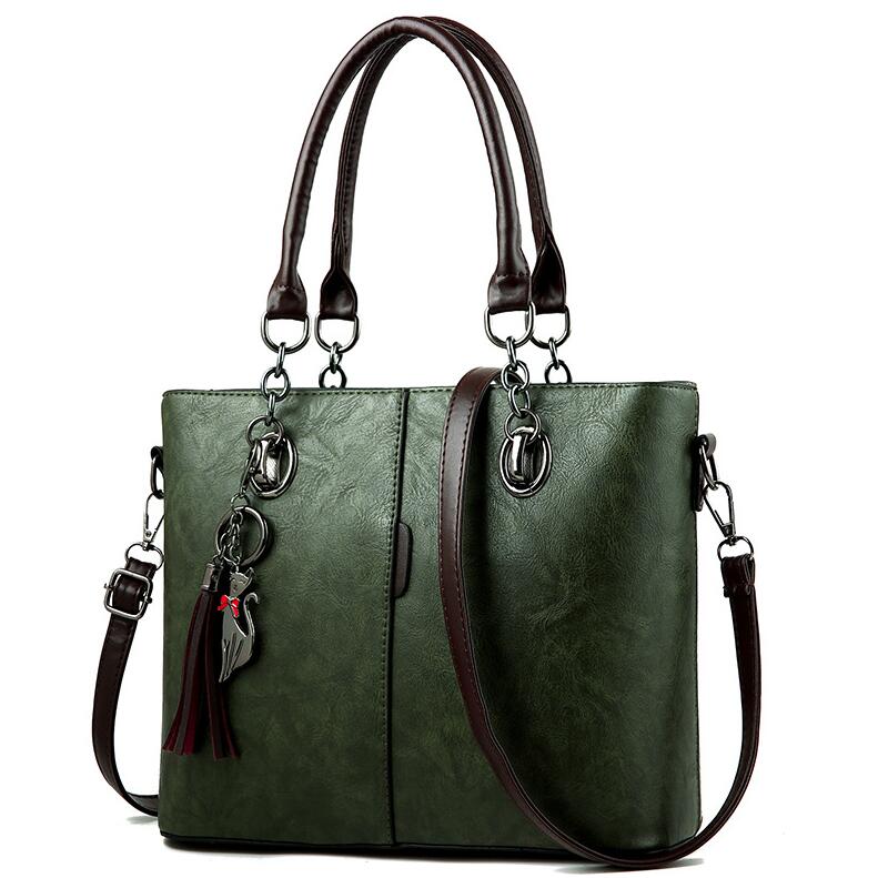 Yogodlns mujer de invierno bolsos de mano de cuero de color con borla y borla colgante de gato: Army green