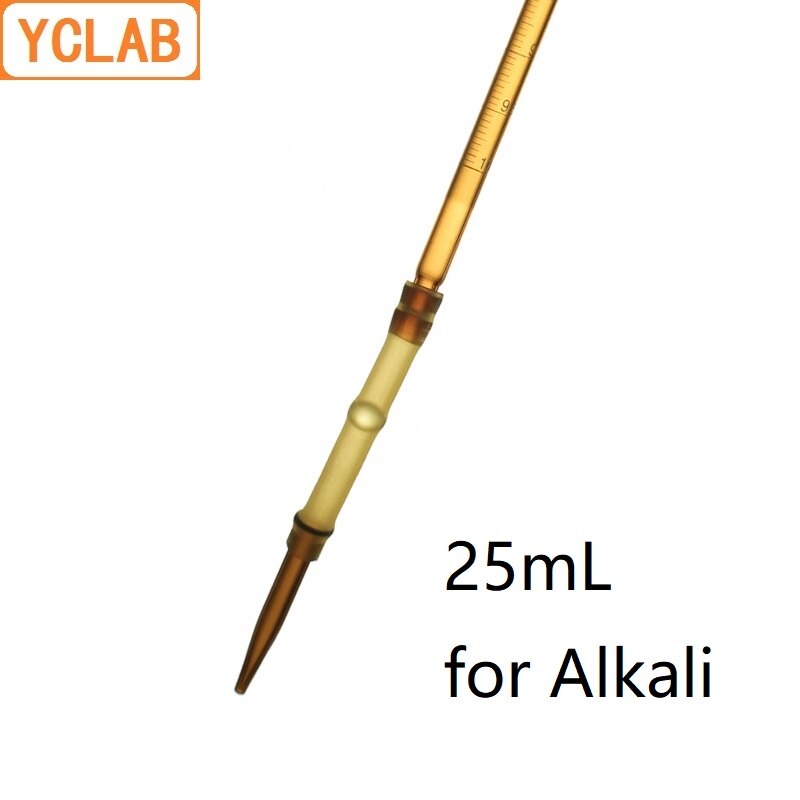 Yclab 25ml burette med gummirørforbindelse brunt ravgult glashoved og spids til alkali klasse a laboratorie kemiudstyr