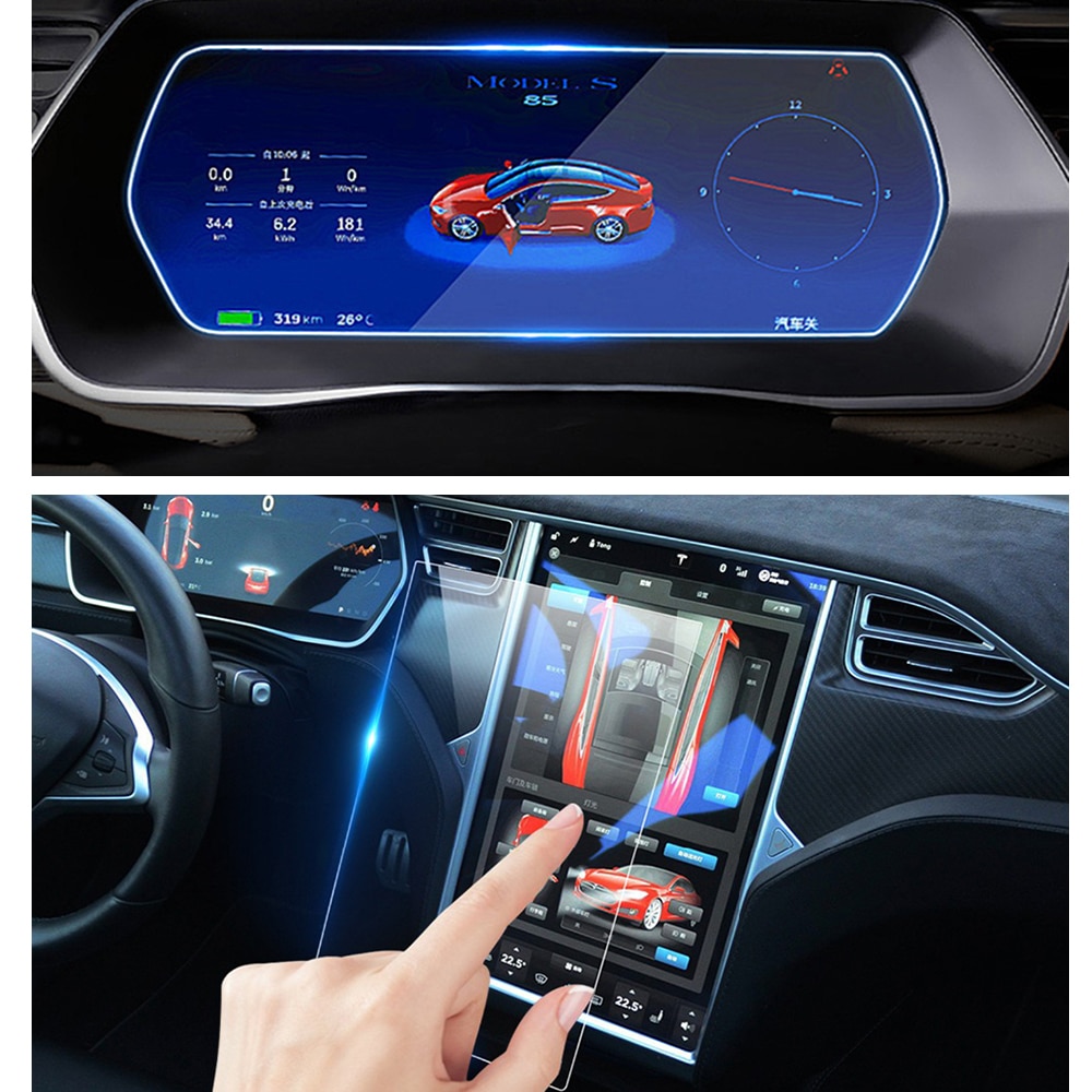 Protecteur d'écran automatique Film de protection pour tableau de bord de protection UV pour film de verre de protection d'écran de navigation Tesla Model X S: 2pcs set