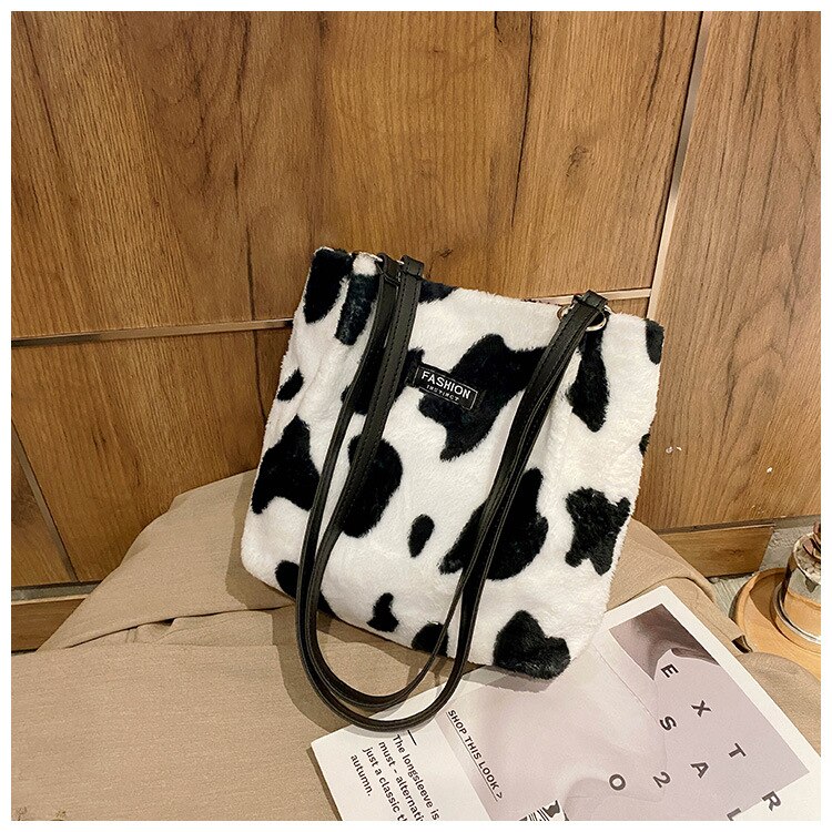 Vinter plys mini taske leopard print label skulder bøtte tasker til kvinder hasp større kapacitet fløjl shopper underarm taske: Ko