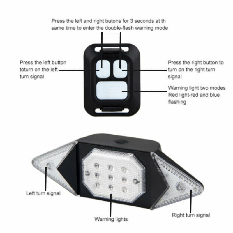 LED Bicycle Indicator Bicycle Rear Tail Light Bike Turn Signal Light USB Rechargeable Safety Warning Light Remote Control
