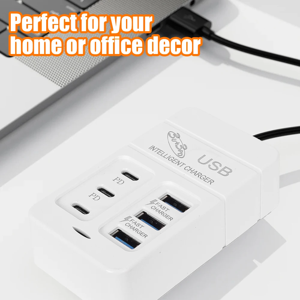 Cargador USB multipuerto de 6 puertos, 35W, PD tipo C, carga rápida para teléfono móvil, cargadores de pared tipo C, adaptador de concentrador tipo C, enchufe UE, EE. UU., Reino Unido
