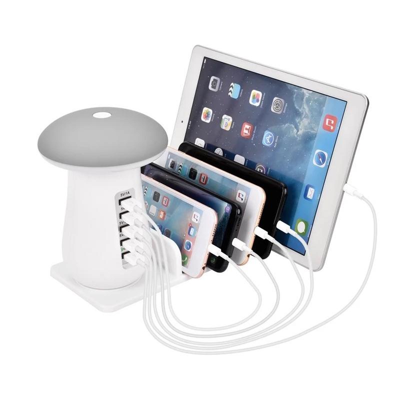 Multi Charging Dock 5 USB Port QC3.0 Charging Station With Mushroom Light Fast Charging Dock Hub Mobile Phone Charger Stand