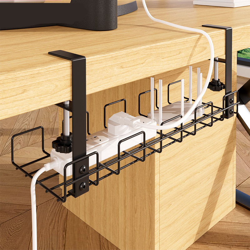 Organizador de cables debajo del escritorio, bandeja de alambre de metal sin taladro, ahorro de espacio para el hogar, oficina/organizador de cables de cocina sin perforaciones (paquete de 2): Blanco
