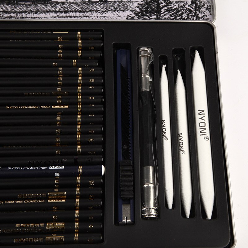 29 stk skitse blyant sæt skitsering trækul tegnesæt træ blyanter sæt til maler skoleelever kunst forsyninger