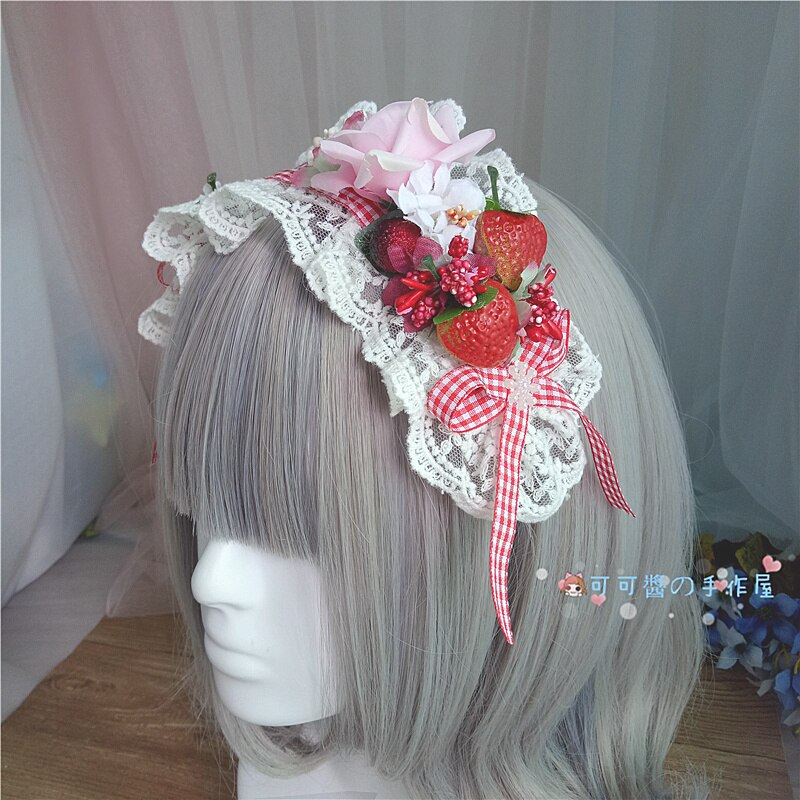 Cerceau de lolita pour cheveux, modèle Original, fraise douce, queue d'aronde, prendre le plomb sur le bouton rouge, clip duckbill, coiffure lolita