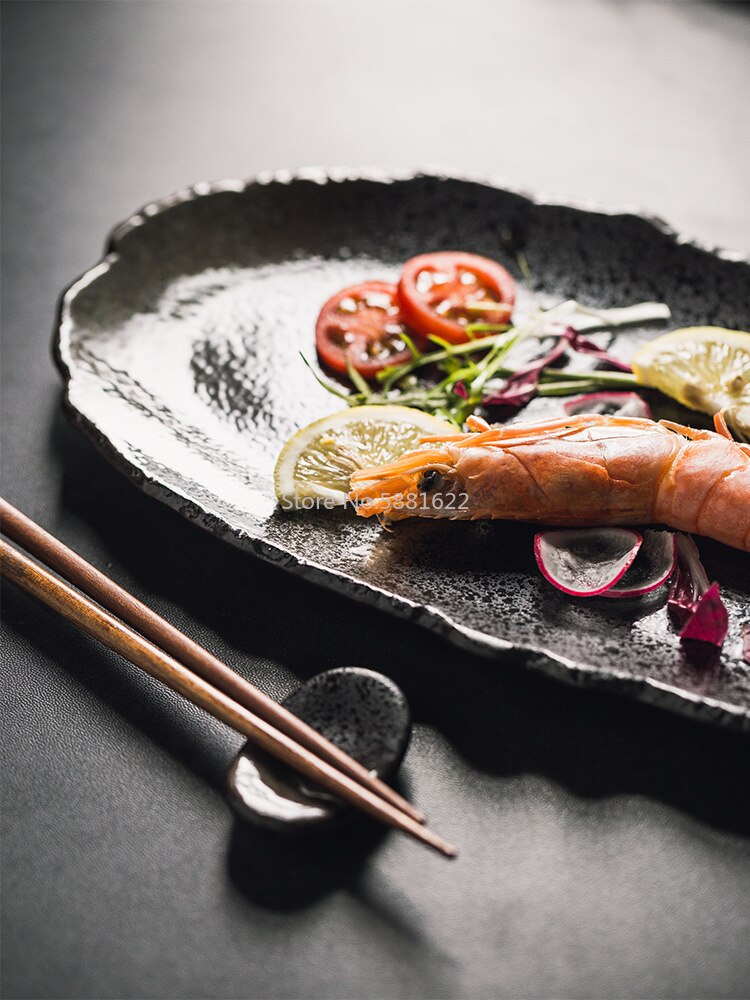 Vaisselle en céramique, Style japonais, perle noire, vaisselle créative, plat à Sushi, longues bandes irrégulières, plateau quotidien, assiette à Dessert
