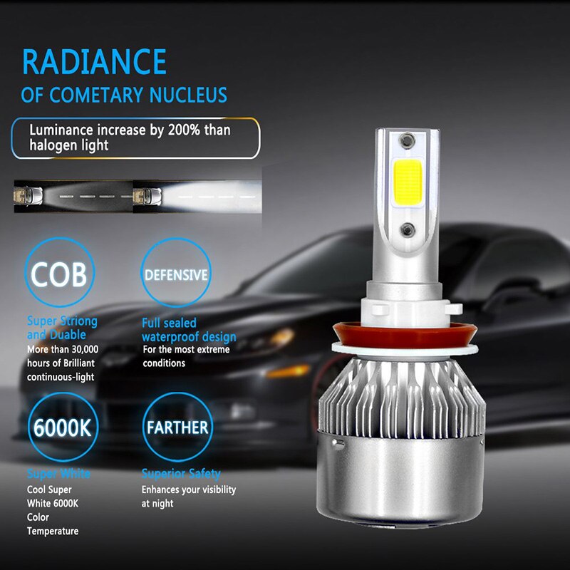 2Pcs/lot C6 LED Headlights Bulbs Conversion Kit Lights 72W 8000LM HB3 HB4 9004 9005 H1 H3 H4 H7 Auto COB Car 6000K