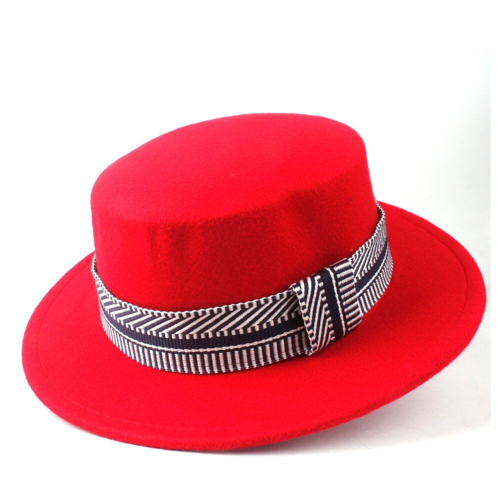Men Women Flat Top Hat Winter Wide Brim Hat Friend Party Hat Wool Trilby Hat Size 56-58CM: Red