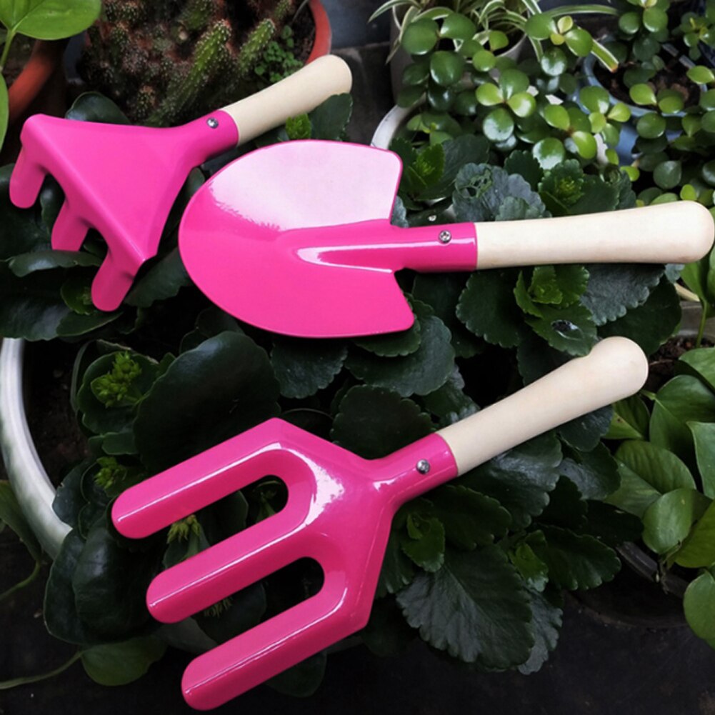 3 st trädgårdsredskap barn säkert trähandtag gräva barn strand spade kratta hushållskruka blommor liten spade kratta