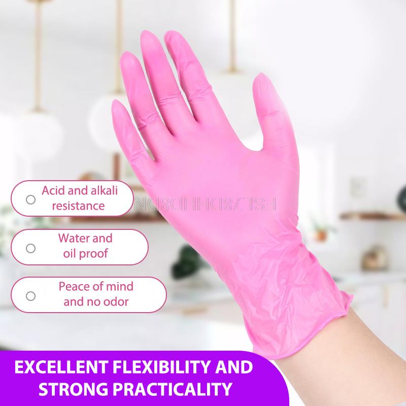 100 Stks/doos Nitril Handschoenen Roze Waterdichte Allergievrij Wegwerp Werk Veiligheid Handschoenen Huishoudelijke Schoonmaakmiddelen