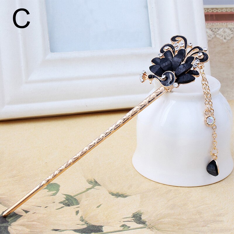 Baton de păr de păun de epocă betisoare în stil chinezesc ace de păr etnice pentru femei agrafe de păr din metal cu strasuri accesoriu de bijuterii: C