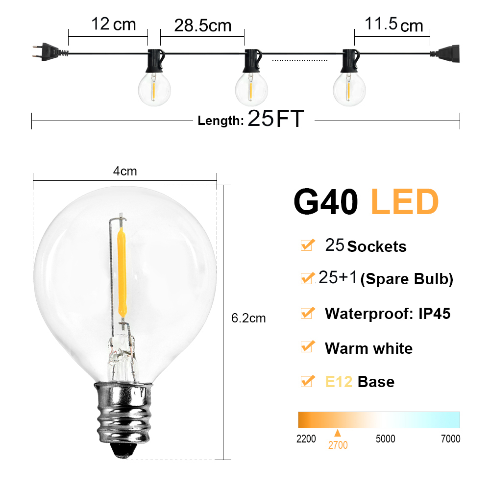 G40 Led String Lights 24.6FT 25FT 50FT Fairy String Licht G40 Led Globe String Licht Warm Wit Decoratieve Verlichting Voor outdoor Ba