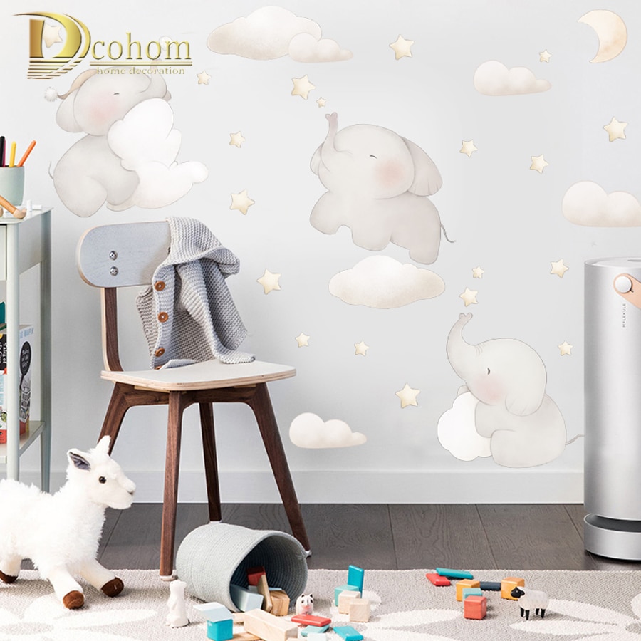 Karikatur Sterne Wolke Zauberstab Aufkleber Elefant Ebene Aufkleber Baby freundlicher Zimmer Dekoration nordisch Stil Kindergarten Vinyl Zauberstab Abziehbilder