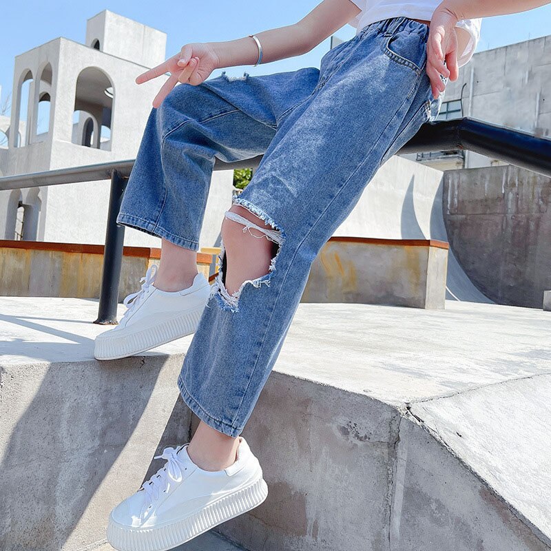 Pantalones vaqueros rasgados para niña adolescente, Jeans de estilo Hip-hop, para niño, pantalones cortos finos medianos y grandes para niño, primavera y otoño