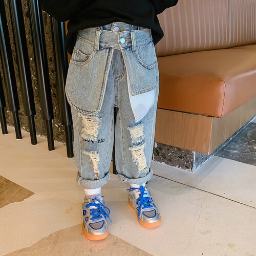 Drenges store lomme flået jeans efterår koreansk stil børns afslappede bukser børnetøj: 8