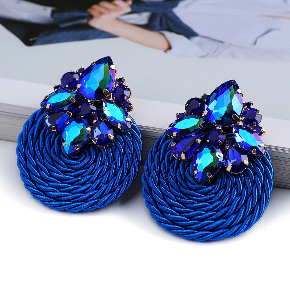 Ethnic Style Cotton Cord Weave Round Ear Accessories Vintage Sparkly Crystal Dangle Earrings For Women Luxury Jewelry