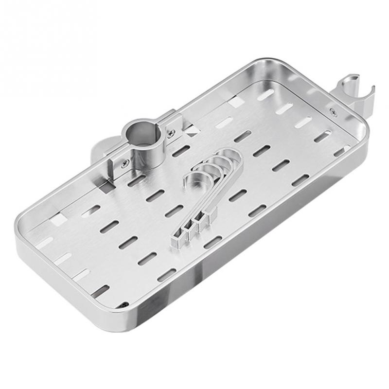 Taca hotelowa półka łazienkowa na drążek prysznicowy regał magazynowy uniwersalny prostokąt bez wiercenia opróżnianie przestrzeń domowa aluminium z 4 haczykami