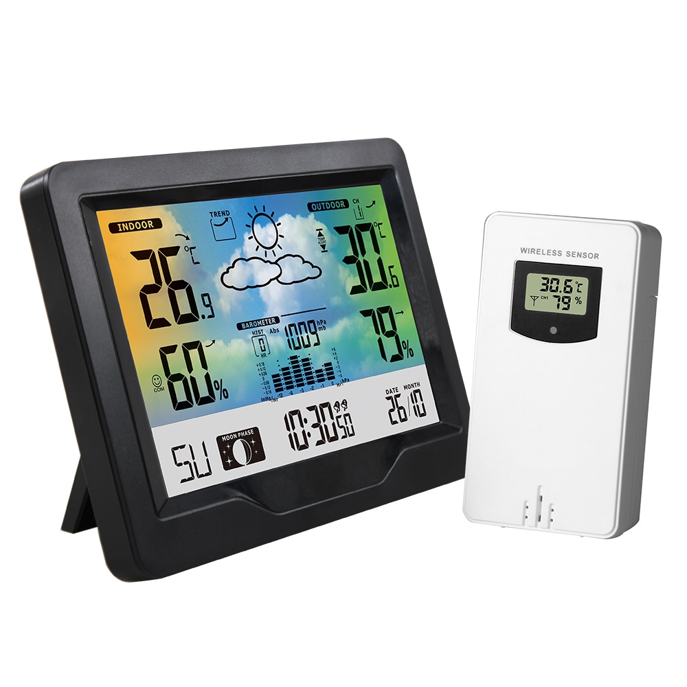 Digital LCD Alarm Wall Clock Weather Station Battery Indoor Outdoor Temperature Humidity Pressure Wind Weather Forecast