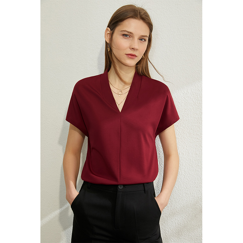 AMII Minimalisme 2023 Zomer dames T-shirt Klassieke Stijl Casual V-hals Korte Mouw Effen Stretch Vrouwelijke Tops & Tees 12312013: S / Sky Blue