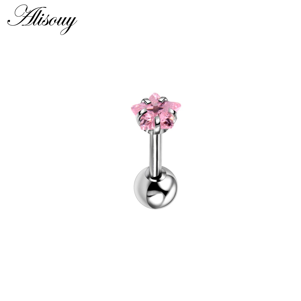 Alisouy 2pcs Star Prong set Zircon Ear Cartilage Piercing Tragus Helix Studs Piercing 1.2x6x4/4mm Stainless Steel girl Earrings: Pink
