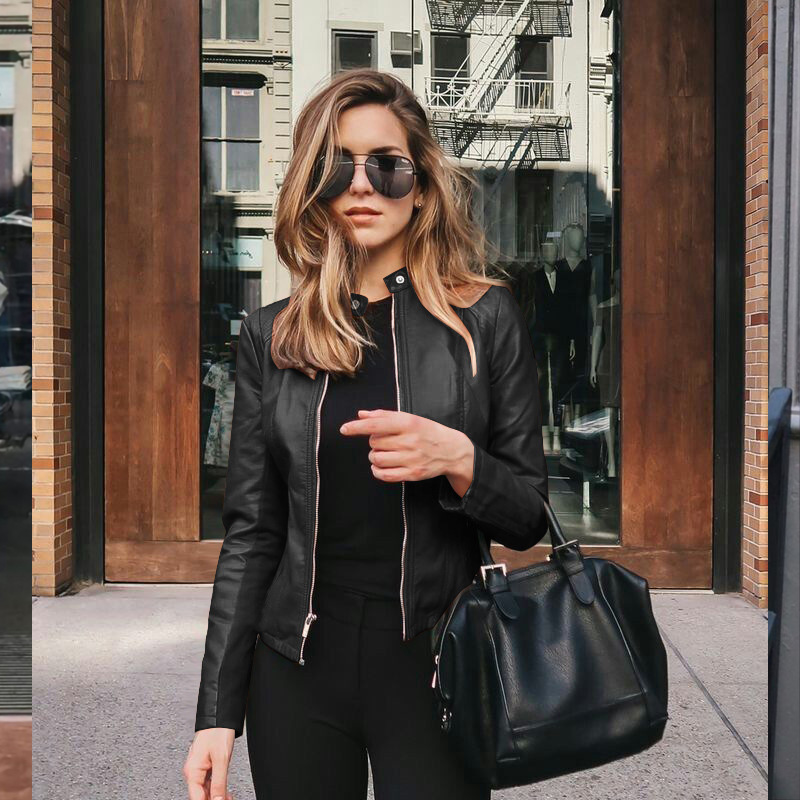Chaqueta de piel sintética con cremallera para mujer, abrigo de piel de motociclista, abrigo corto ajustado para otoño e invierno, ropa de calle básica para mujer