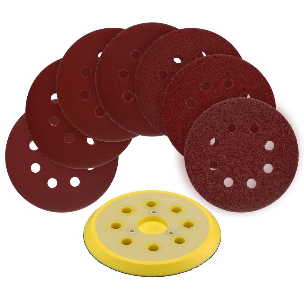 50 Pcs 5 Inch 8 Hole Sandpaper Sanding Disc Hook and Loop With 1 Pcs Random Orbit Sander Sanding Pad Abrasive Backing Pad