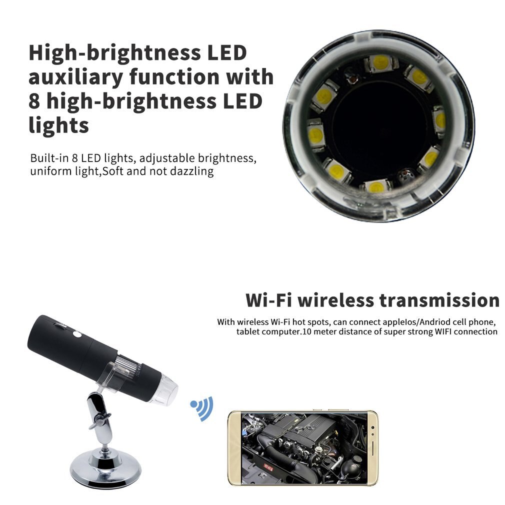 Mini Tragbare 2MP HD Wireless WIFI Digital Mikroskop 50 ~ 1000X 8LED Dreh Basis Elektronische Mikroskop Einstellbare Helligkeit