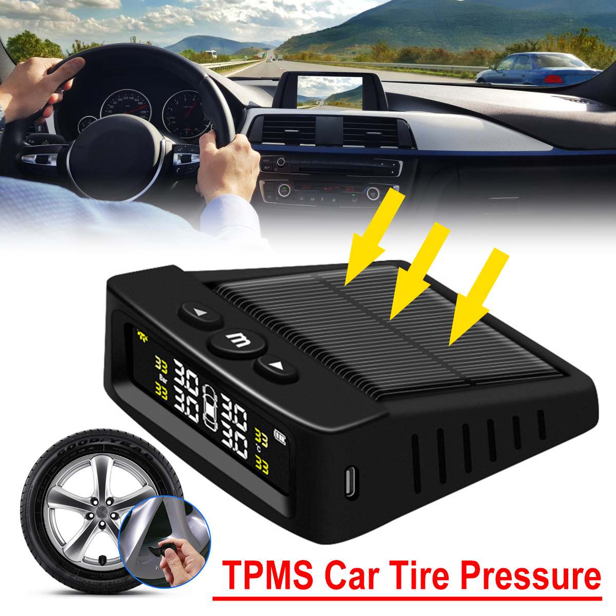 Tpms Auto Bandenspanning Solar Alarm Monitor System Draadloze Solar Externe 4 Sensor
