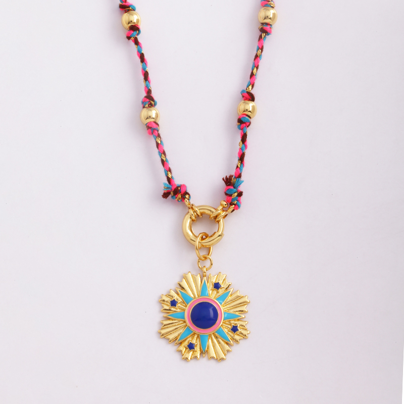 Estrella Celestial azul verde mal de ojo nudo largo collar de cuentas, Boho naturaleza cordón de algodón suéter amuleto verano playa joyería: Bañado en rodio de imitación