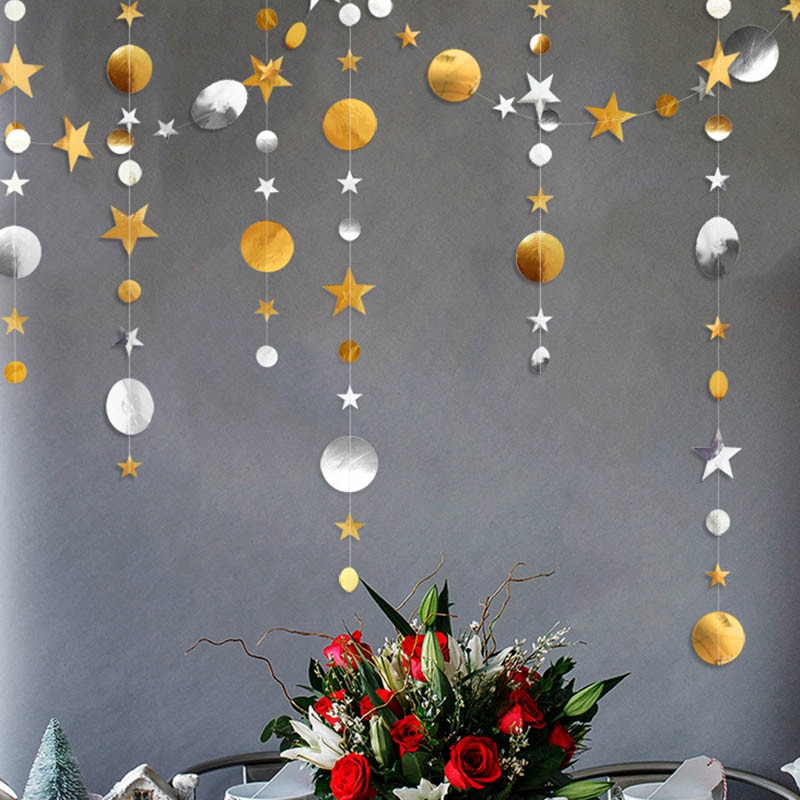 Guirnalda circular de Estrella de oro y plata de 4m para decoración de fiestas guirnaldas de papel decoración para boda cumpleaños decoración para dormitorio infantil, suministros