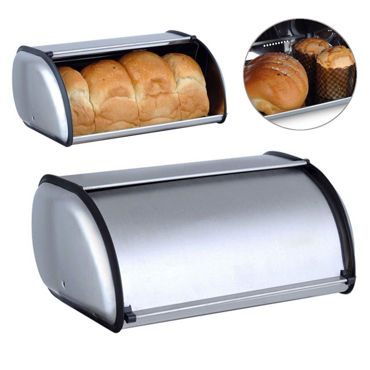 Stainless Steel Roll Top Bread Box Storage Bin Keeper Food Storage Container Kitchen Pastry Bread Baking Holder Kitchen Supplies